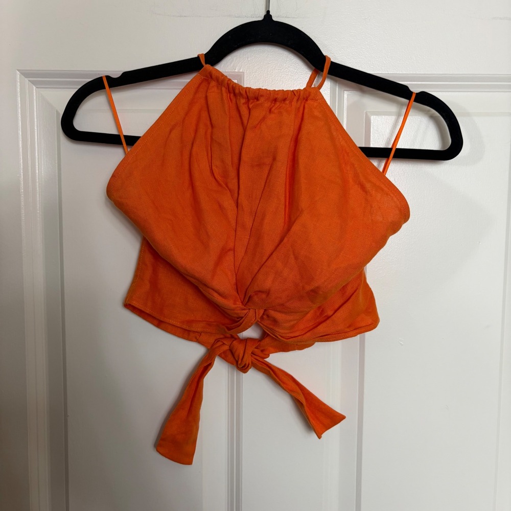 Reformation Orange 100% Linen Twist Front Halter Crop Top Size 0